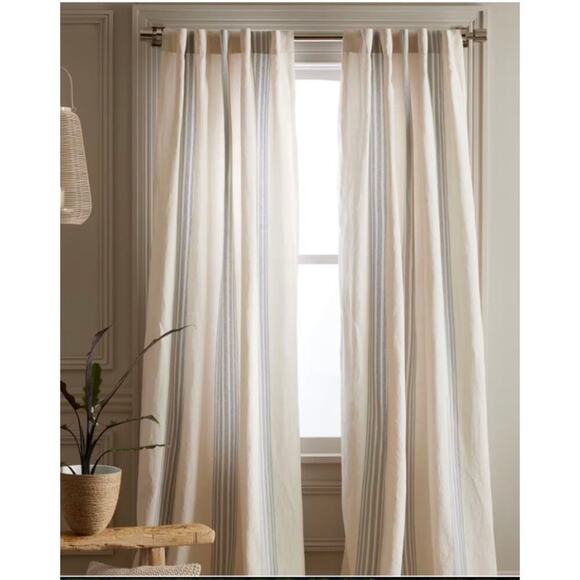 Coastal Stripe Linen Cotton Light Filtering Panel Set 48X 84" Set of 2 Blue # 11 - Picture 8 of 9